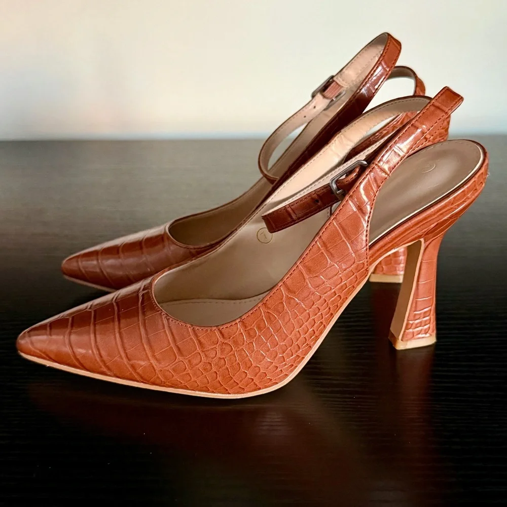 Brown Croc-Embossed Ankle-Strap Pointed Toe Pumps - Picture 3 of 11